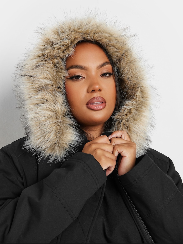 Yours Curve Black Faux Fur Trim 100% Cotton Parka - Image 4 of 4