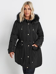 Yours Curve Black Plush Faux Fur Trim Parka - Image 1 of 5