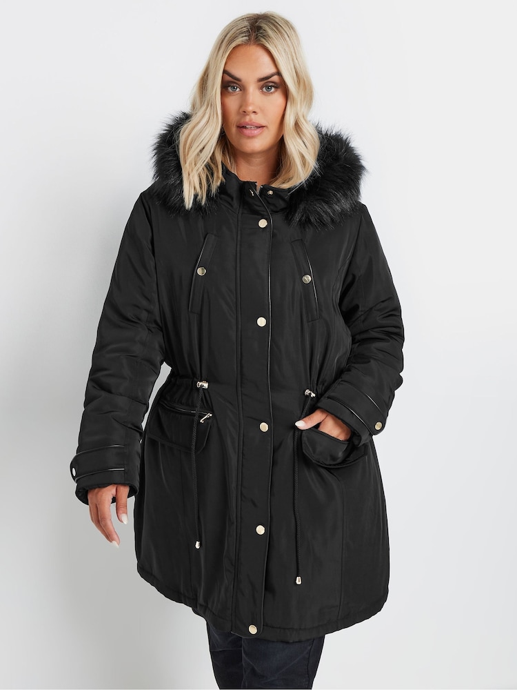 Yours Curve Black Plush Faux Fur Trim Parka - Image 1 of 5