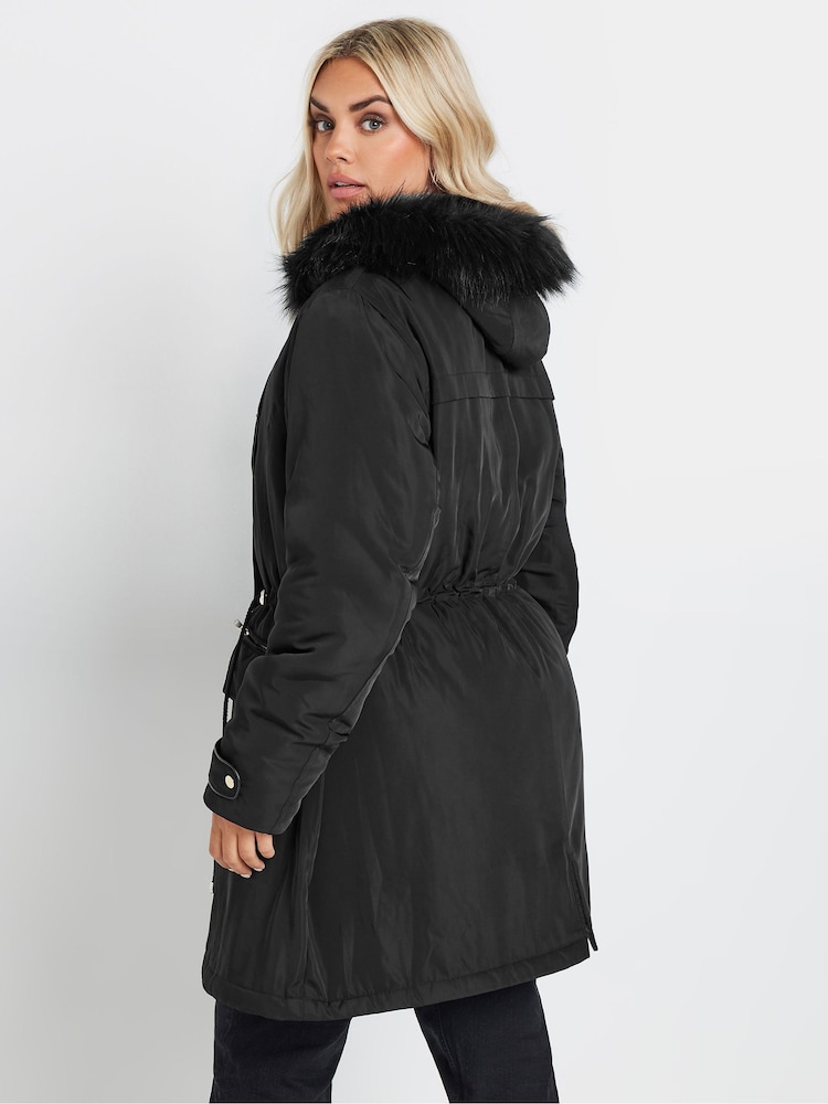 Yours Curve Black Plush Faux Fur Trim Parka - Image 3 of 5