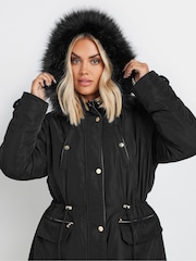 Yours Curve Black Plush Faux Fur Trim Parka - Image 4 of 5