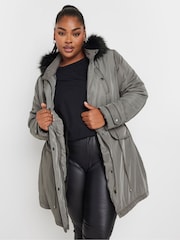 Yours Curve Grey Plush Faux Fur Trim Parka - Image 1 of 6