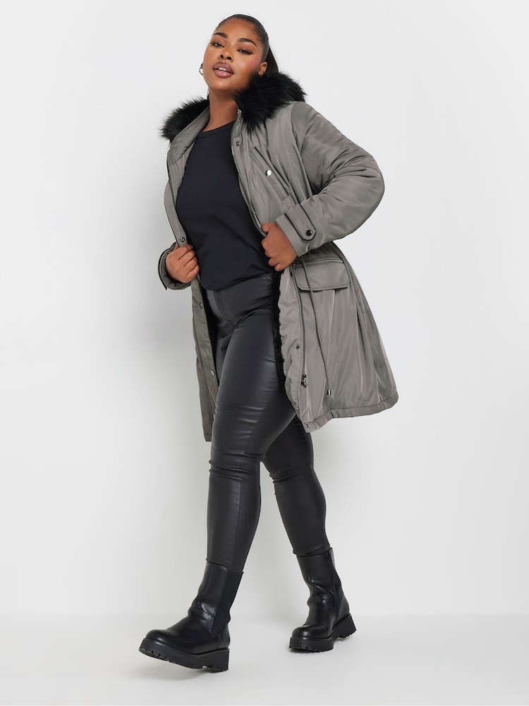 Yours Curve Grey Plush Faux Fur Trim Parka - Image 2 of 6