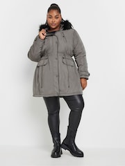Yours Curve Grey Plush Faux Fur Trim Parka - Image 3 of 6