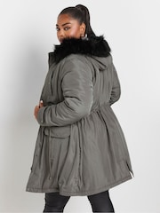 Yours Curve Grey Plush Faux Fur Trim Parka - Image 4 of 6
