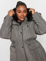 Yours Curve Grey Plush Faux Fur Trim Parka - Image 5 of 6