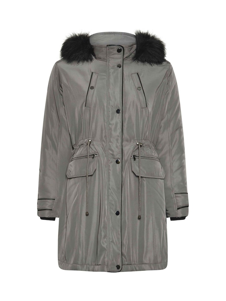 Yours Curve Grey Plush Faux Fur Trim Parka - Image 6 of 6