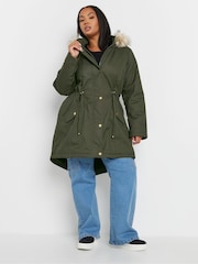 Yours Curve Green Faux Fur Trim 100% Cotton Parka - Image 1 of 4