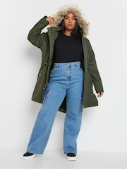 Yours Curve Green Faux Fur Trim 100% Cotton Parka - Image 2 of 4