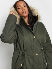 Yours Curve Green Faux Fur Trim 100% Cotton Parka - Image 4 of 4
