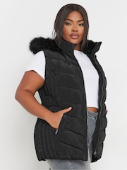 Yours Curve Black Short Faux Fur Trim Padded Gilet - Image 1 of 6