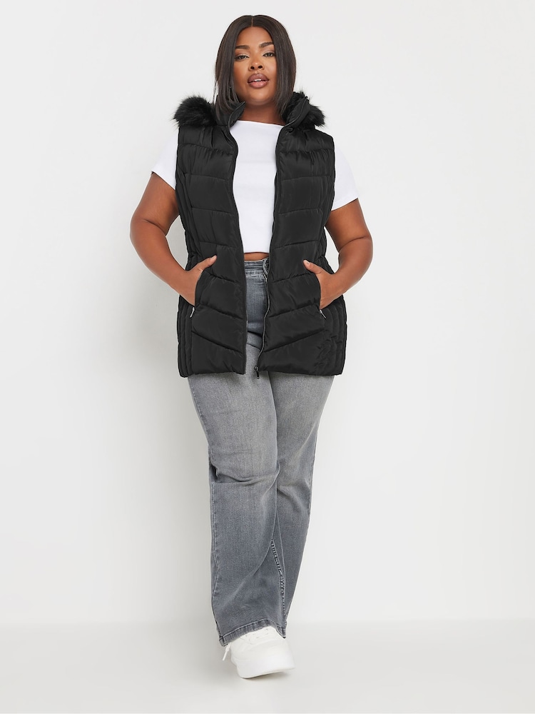 Yours Curve Black Short Faux Fur Trim Padded Gilet - Image 2 of 6