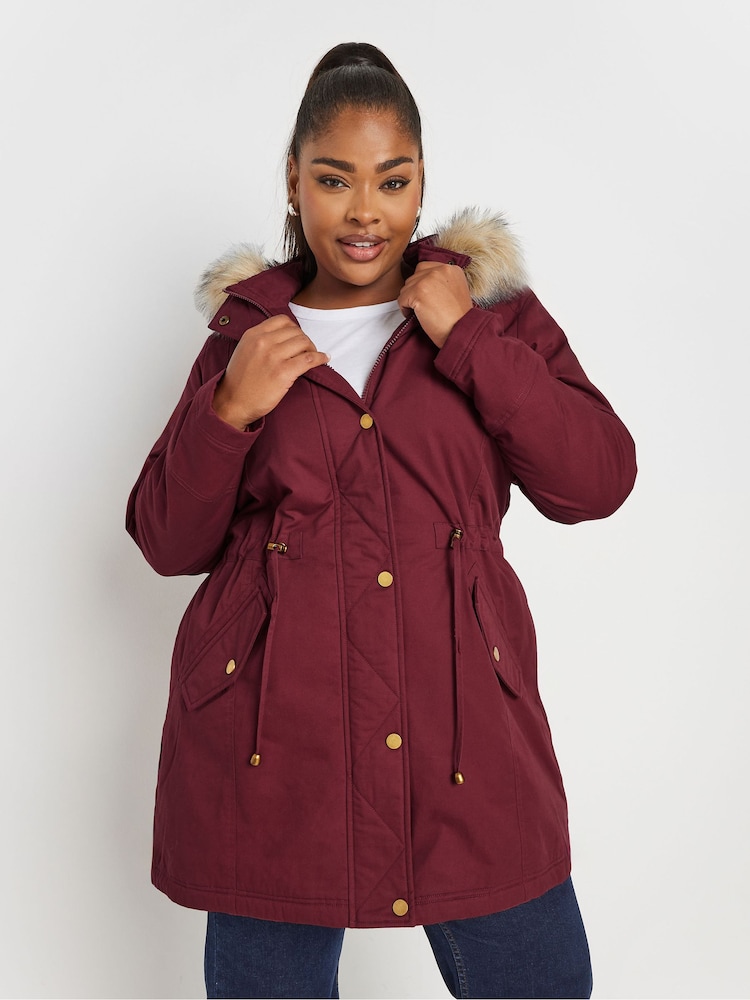 Yours Curve Purple Faux Fur Trim 100% Cotton Parka - Image 1 of 4