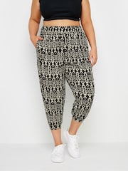 Yours Curve Black Paisley Textured Cropped Harem Trousers - Image 1 of 5