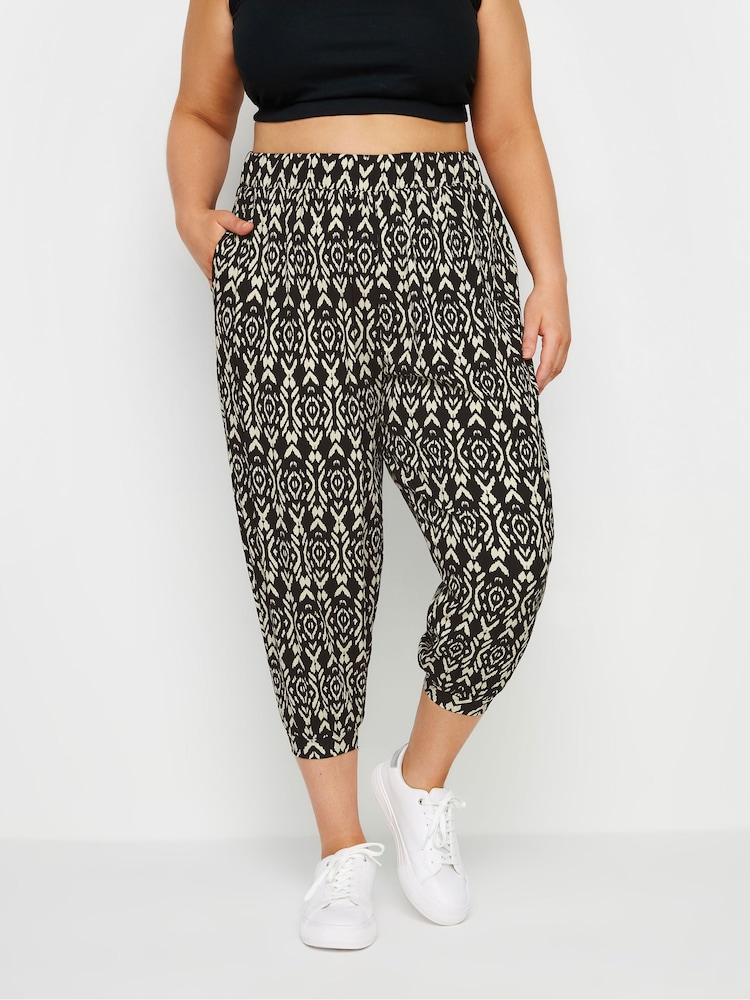 Yours Curve Black Paisley Textured Cropped Harem Trousers - Image 1 of 5