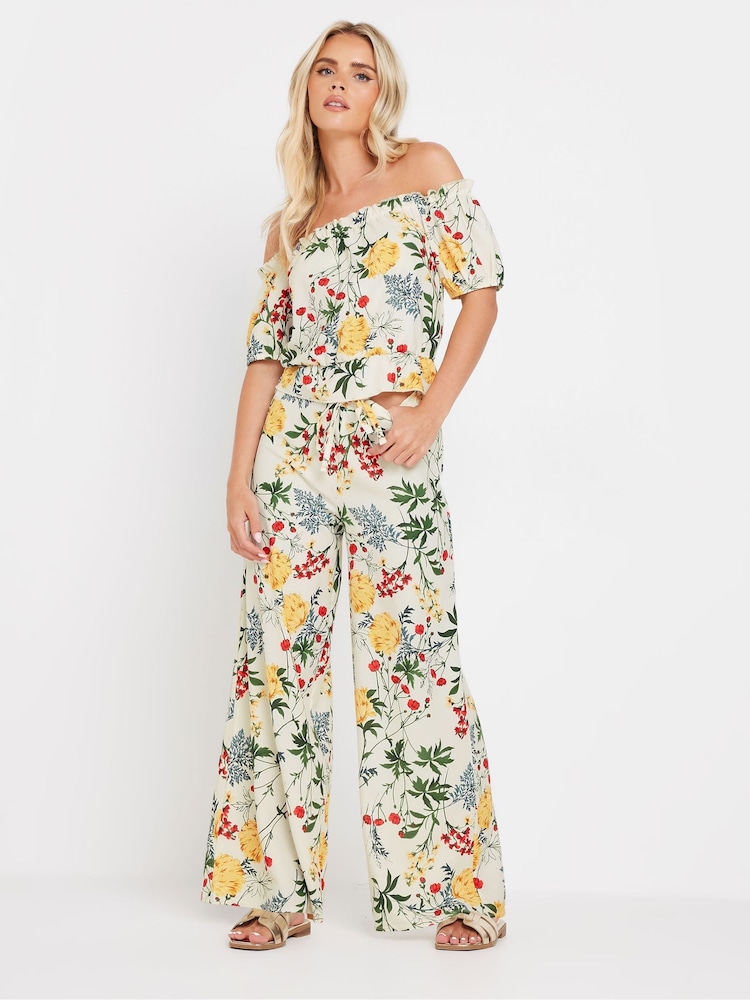 PixieGirl Petite White Multi Floral Wide Leg Trousers - Image 1 of 5