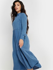 PixieGirl Petite Blue Long Sleeve Acid Wash Button Smock Dress - Image 1 of 5