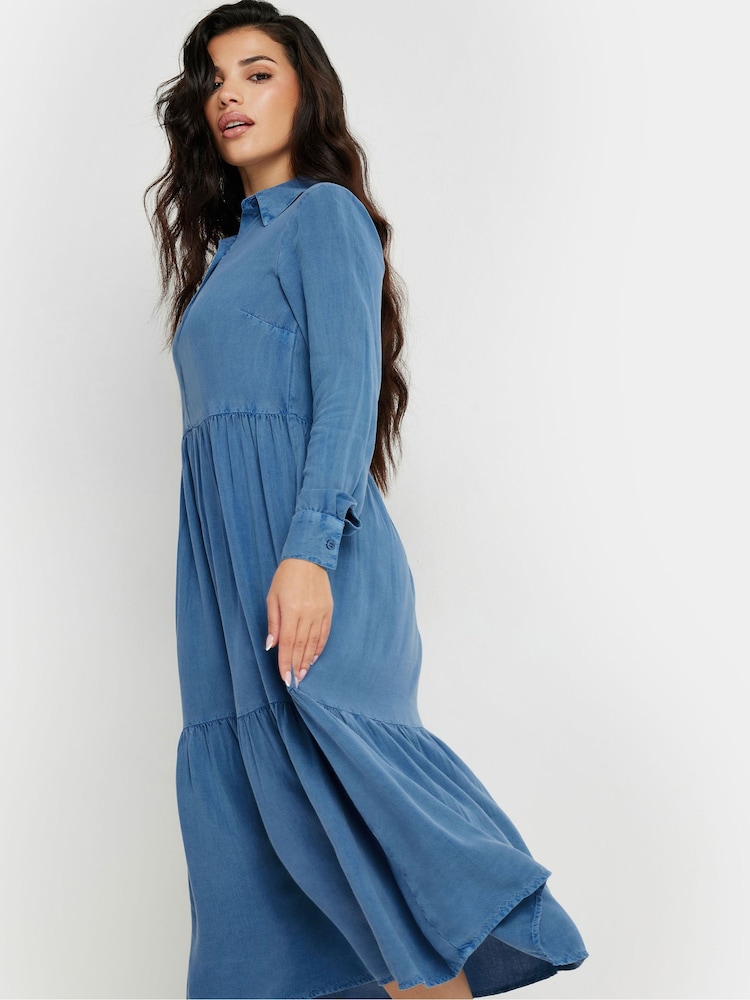 PixieGirl Petite Blue Long Sleeve Acid Wash Button Smock Dress - Image 1 of 5