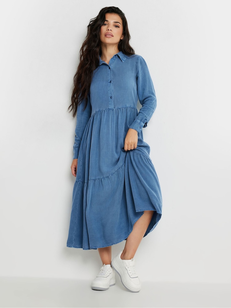 PixieGirl Petite Blue Long Sleeve Acid Wash Button Smock Dress - Image 2 of 5 PixieGirl Petite Blue Long Sleeve Acid Wash Button Smock Dress - Image 2 of 5