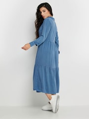 PixieGirl Petite Blue Long Sleeve Acid Wash Button Smock Dress - Image 3 of 5