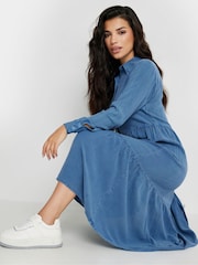 PixieGirl Petite Blue Long Sleeve Acid Wash Button Smock Dress - Image 4 of 5