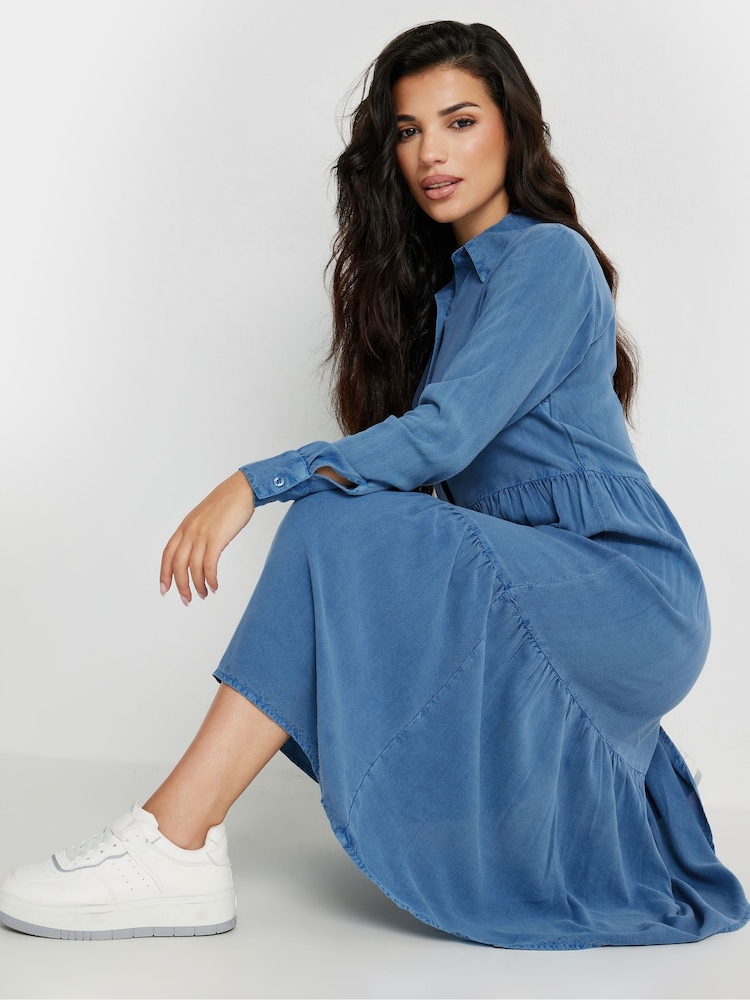 PixieGirl Petite Blue Long Sleeve Acid Wash Button Smock Dress - Image 4 of 5