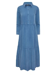 PixieGirl Petite Blue Long Sleeve Acid Wash Button Smock Dress - Image 5 of 5