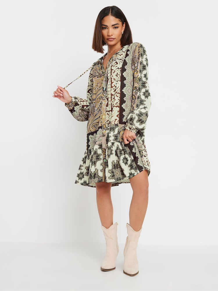 PixieGirl Petite Brown Boho Patchwork Tiered Dress - Image 2 of 4