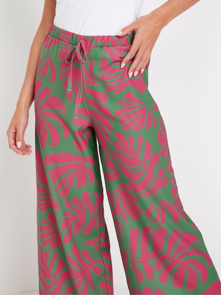 PixieGirl Petite Green & Pink Tropical Wide Leg Trousers - Image 4 of 5