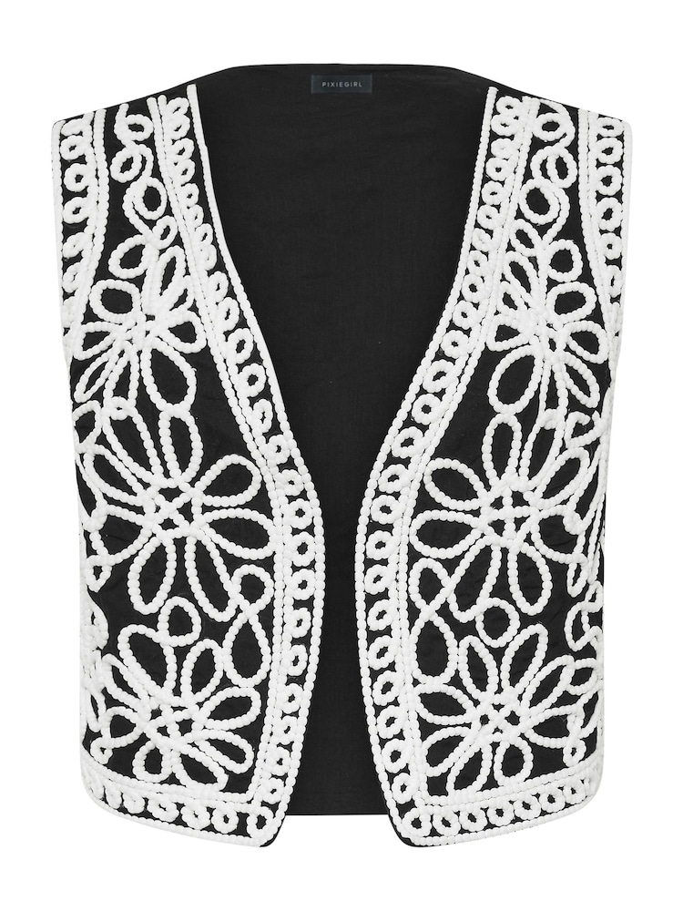 PixieGirl Petite Black Floral Embroidered 100% Cotton Waistcoat - Image 5 of 5