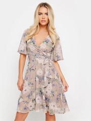 PixieGirl Petite Pink Floral Mesh Wrap Midi Dress - Image 1 of 5