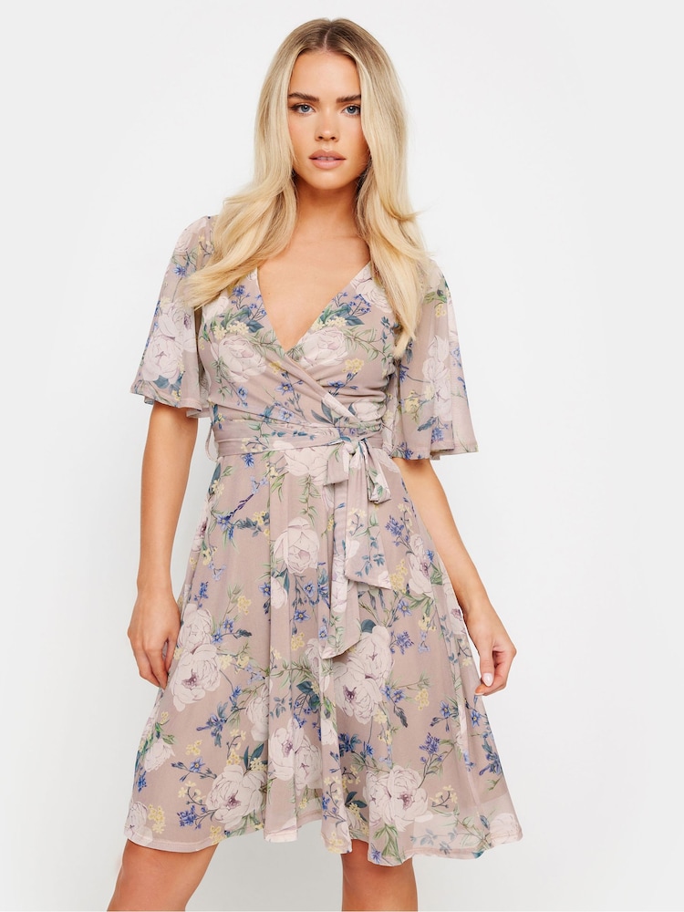 PixieGirl Petite Pink Floral Mesh Wrap Midi Dress - Image 1 of 5