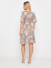 PixieGirl Petite Pink Floral Mesh Wrap Midi Dress - Image 3 of 5
