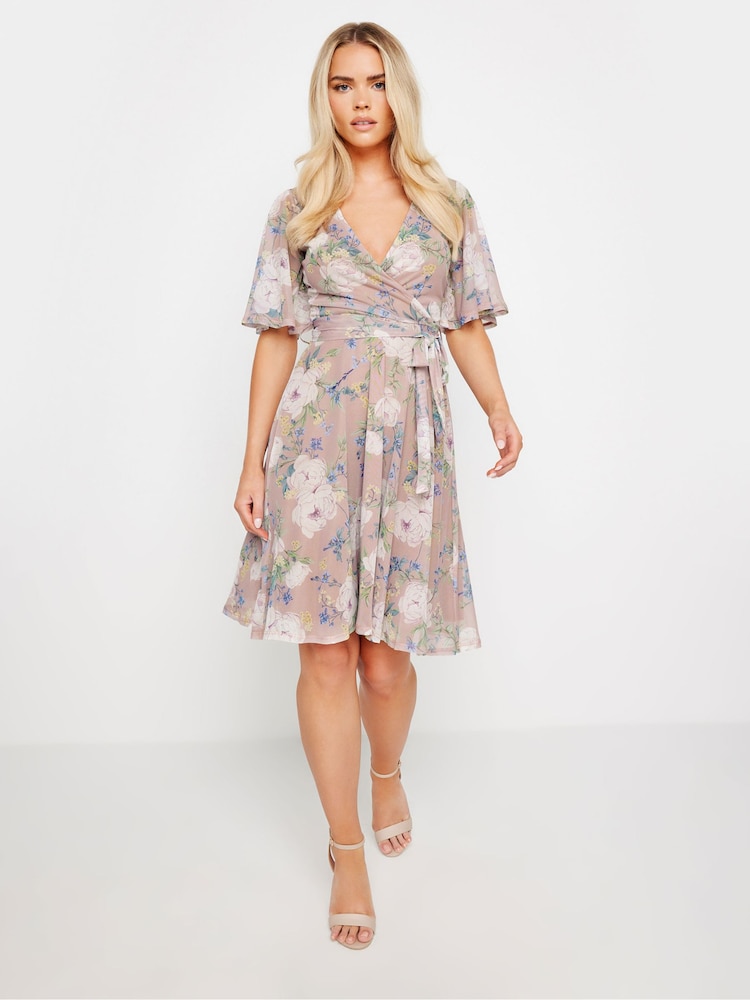PixieGirl Petite Pink Floral Mesh Wrap Midi Dress - Image 4 of 5