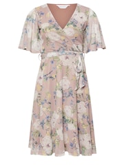 PixieGirl Petite Pink Floral Mesh Wrap Midi Dress - Image 5 of 5