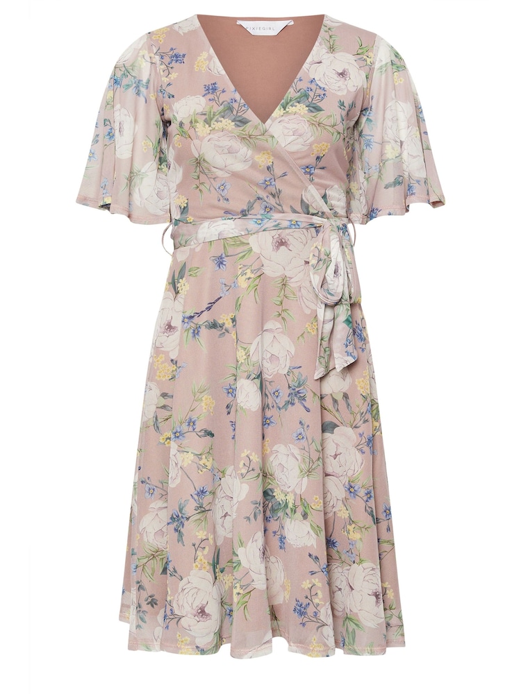 PixieGirl Petite Pink Floral Mesh Wrap Midi Dress - Image 5 of 5