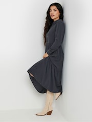 PixieGirl Petite Black Long Sleeve Acid Wash Button Smock Dress - Image 1 of 5