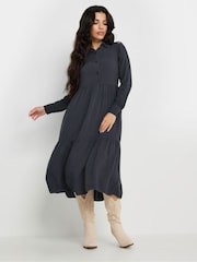 PixieGirl Petite Black Long Sleeve Acid Wash Button Smock Dress - Image 2 of 5
