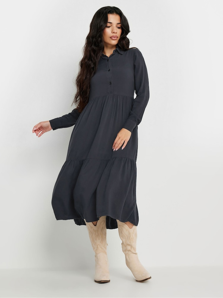 PixieGirl Petite Black Long Sleeve Acid Wash Button Smock Dress - Image 2 of 5