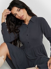 PixieGirl Petite Black Long Sleeve Acid Wash Button Smock Dress - Image 4 of 5