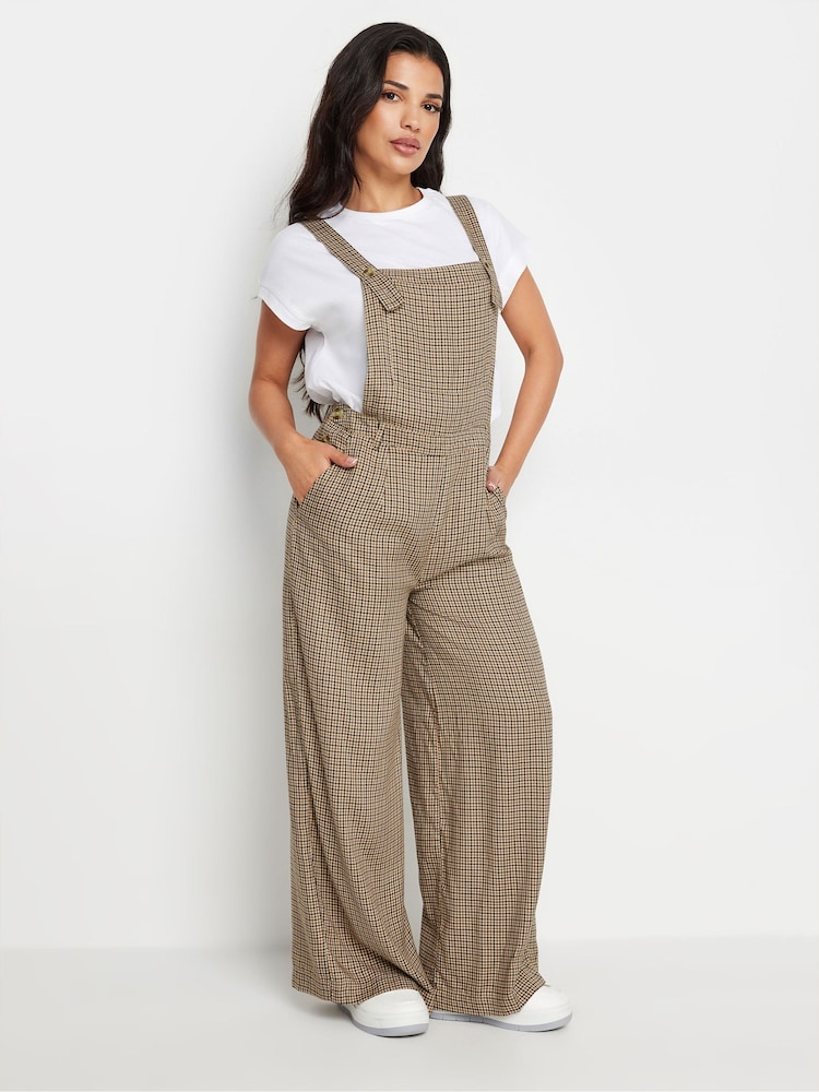 PixieGirl Petite Beige Brown Check Print Wide Leg Dungarees - Image 2 of 5