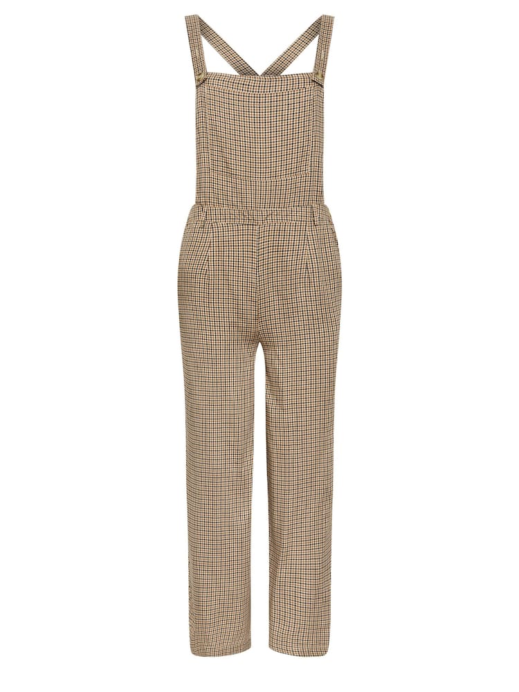 PixieGirl Petite Beige Brown Check Print Wide Leg Dungarees - Image 5 of 5