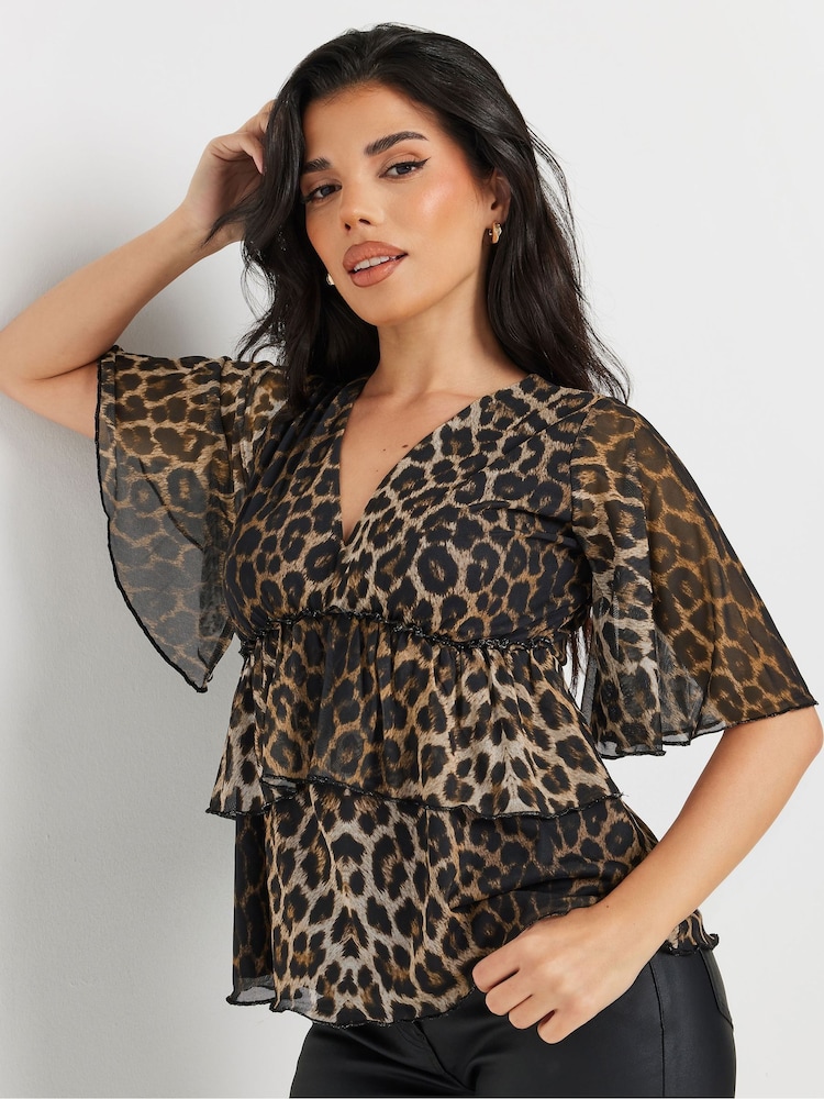 PixieGirl Petite Brown Animal Print Mesh Frill Top - Image 1 of 5