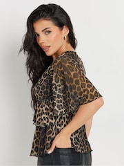 PixieGirl Petite Brown Animal Print Mesh Frill Top - Image 3 of 5
