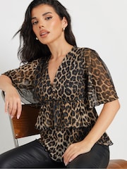 PixieGirl Petite Brown Animal Print Mesh Frill Top - Image 4 of 5