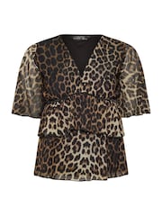 PixieGirl Petite Brown Animal Print Mesh Frill Top - Image 5 of 5
