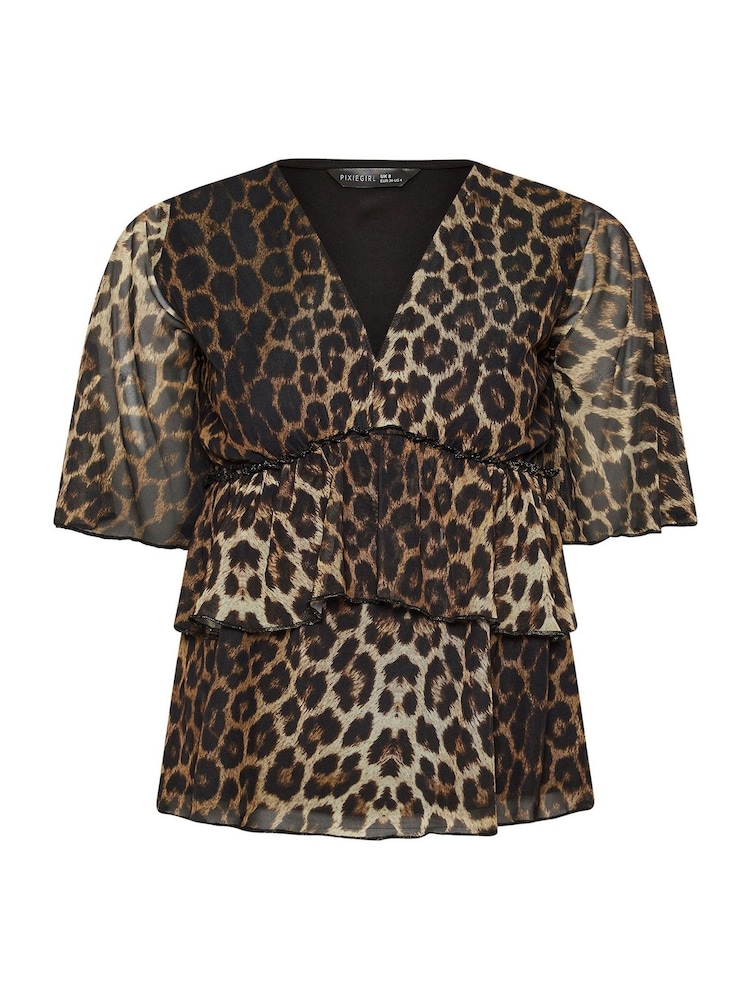PixieGirl Petite Brown Animal Print Mesh Frill Top - Image 5 of 5