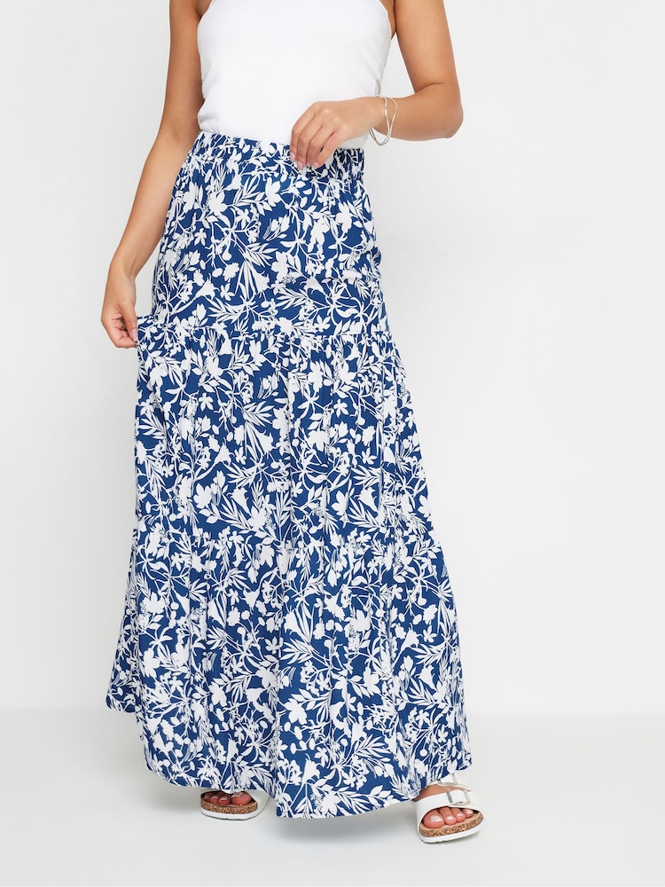 PixieGirl Petite Blue Floral Print Tiered Maxi Skirt - Image 4 of 5