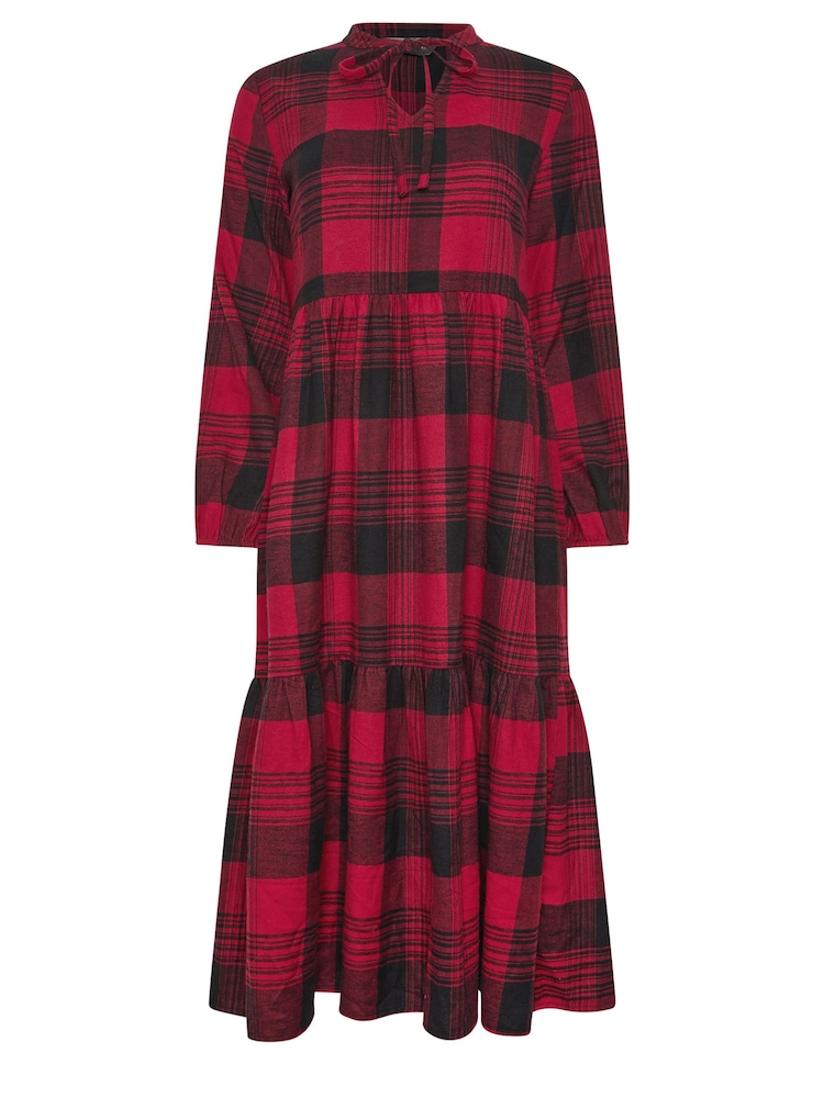 PixieGirl Petite Red 100% Cotton Check Tiered Midaxi Dress - Image 5 of 5