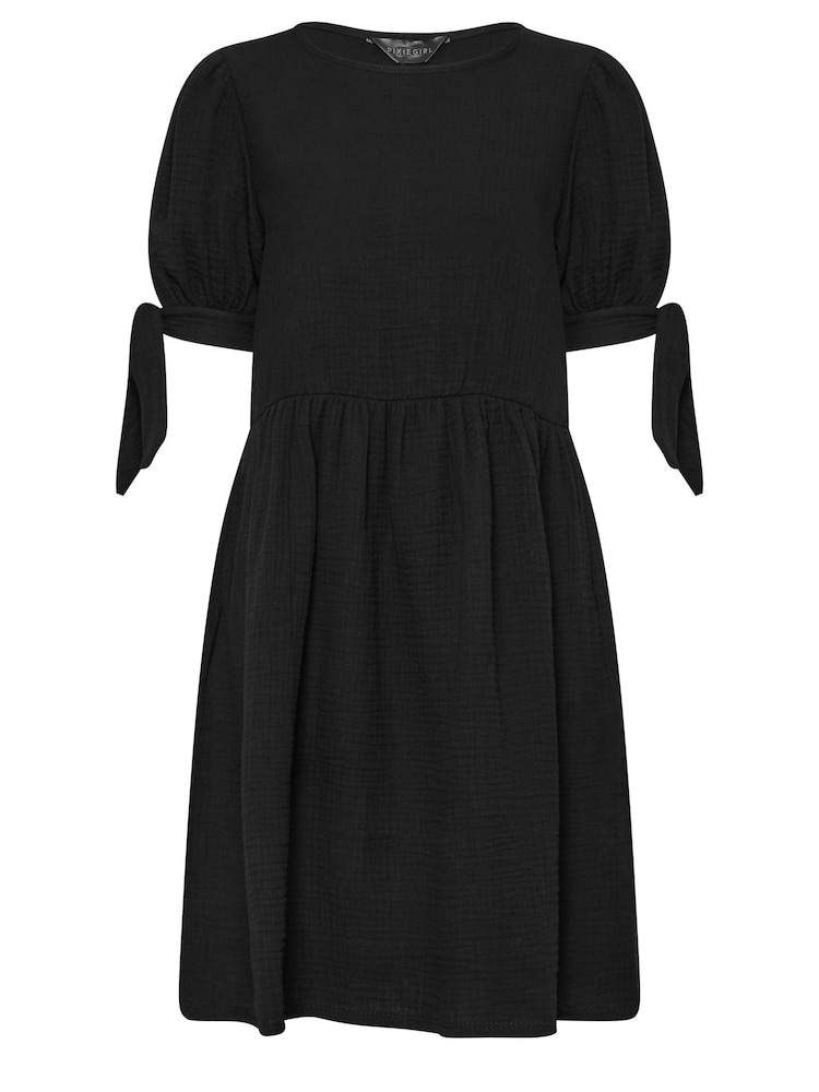 PixieGirl Petite Black Tie Sleeve 100% Cotton Textured Smock Dress - Image 5 of 5